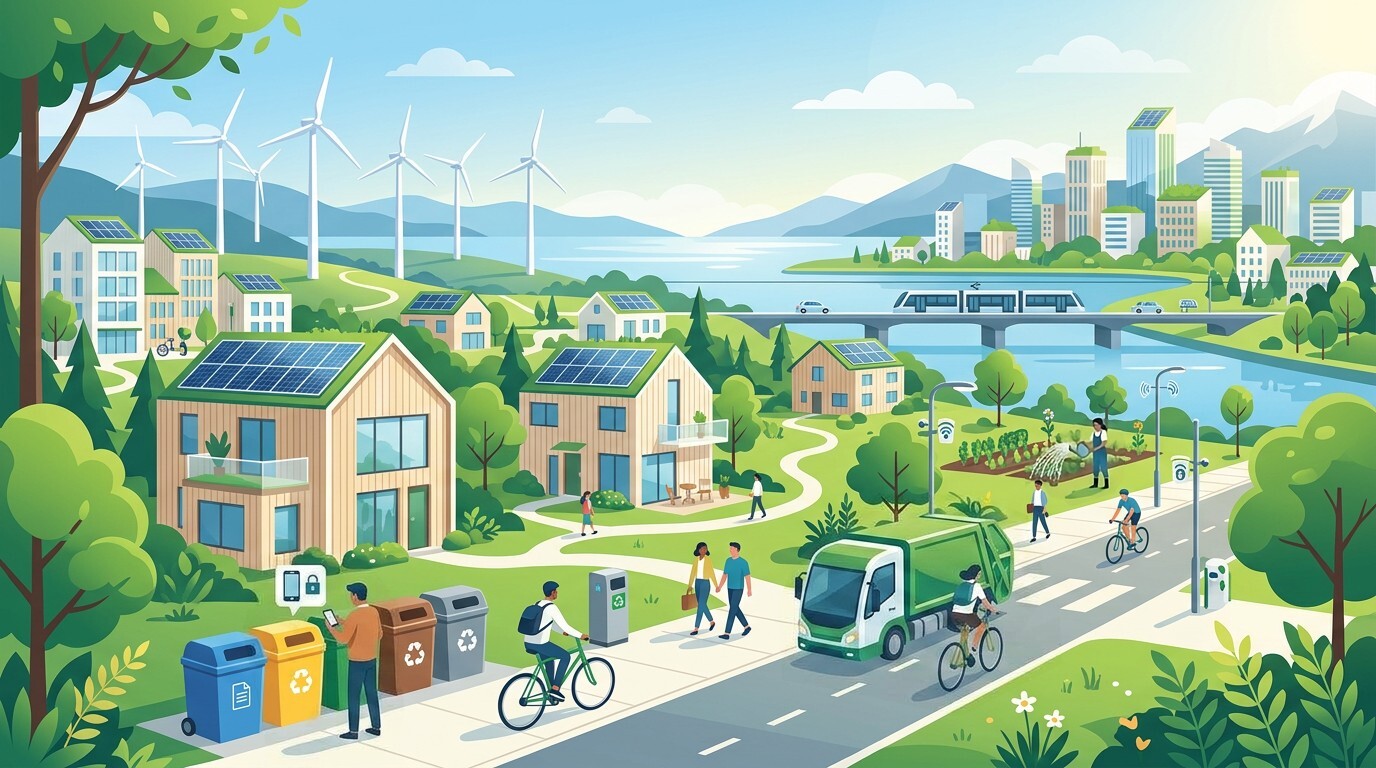 Illustrasjon av et bærekraftig samfunn med gjenvinning, grønne transportløsninger og fornybar energi